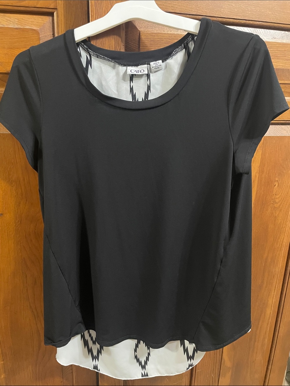 Cato Black Short Sleeve Top w  Patterned Layered Hem, used good condition Sz.M